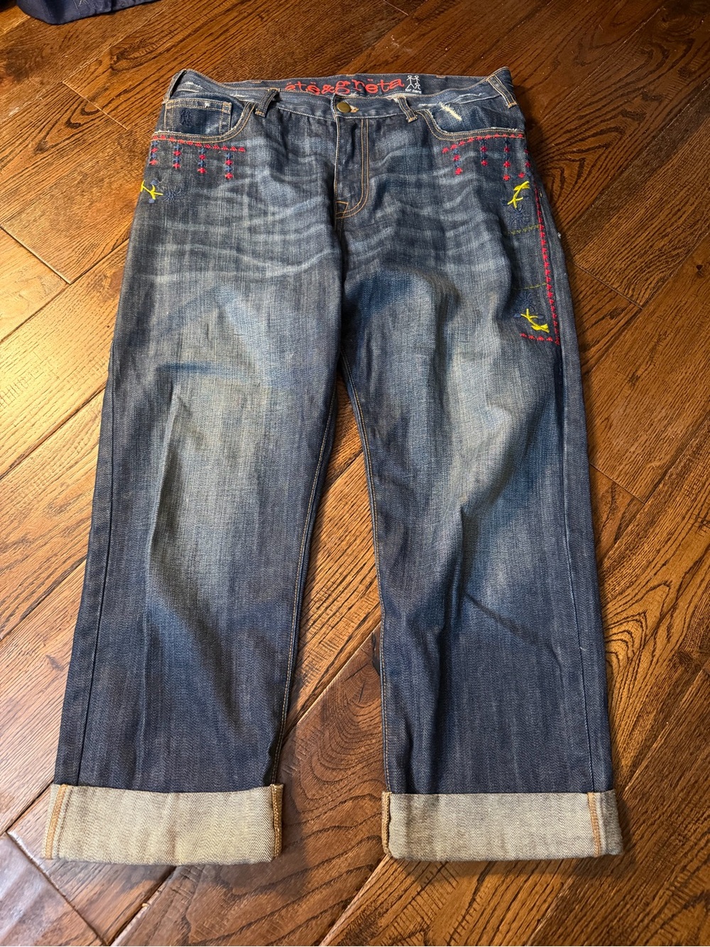 PETE & GRETA Loose Fit Boyfriend Cut Blue Embroidered Straight-Leg Jeans Size